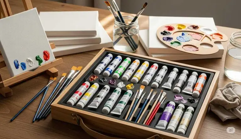 Kit materiais de pintura com tintas e pincéis