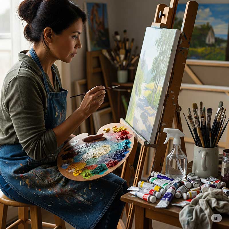 Mulher de meia idade no cavalete pintando um quadro