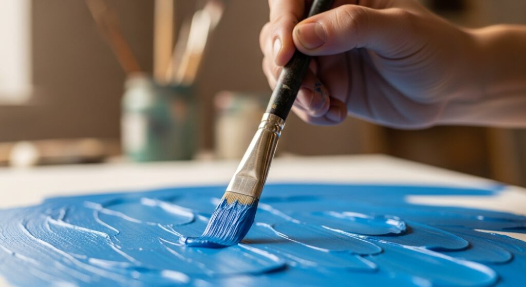 Em atelie um pintor está executando uma pintura em uma tela