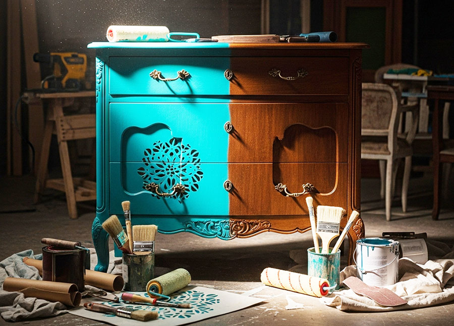 Preparação para pintura de uma comoda antiga.