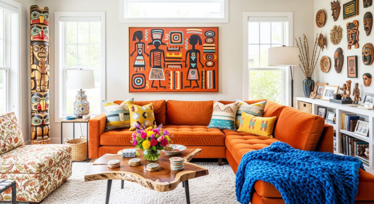 Sala de estar decorada com peças de estilo primitivo